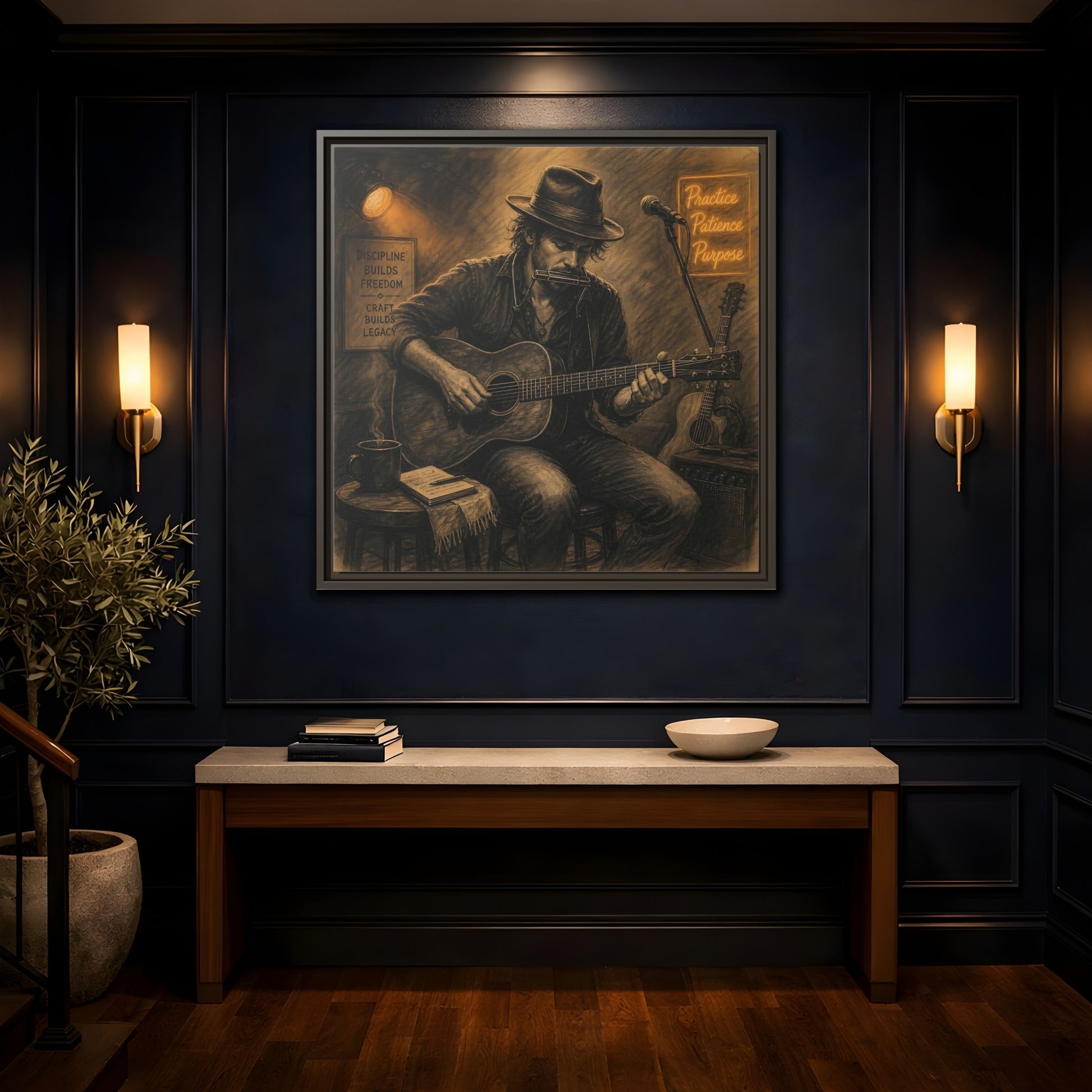 Mockup 4. Vintage Musician Sepia Musician shown as framed canvas print