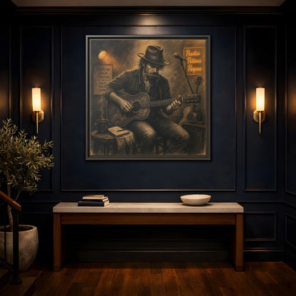 Mockup 4. Vintage Musician Sepia Musician shown as framed canvas print