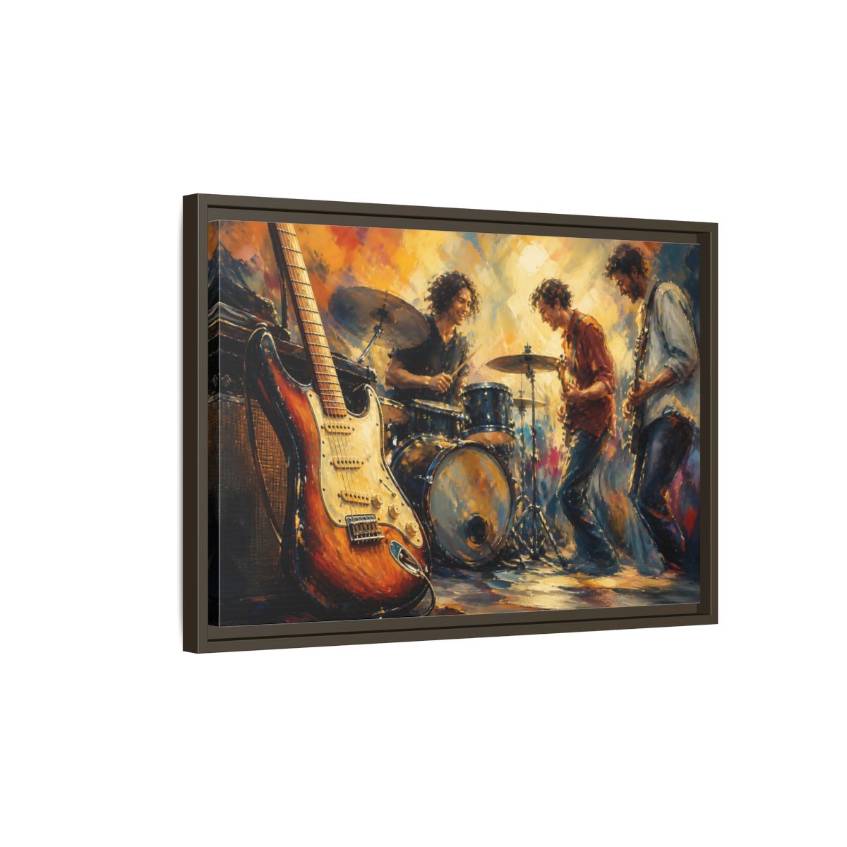Side Mockup 2. Vintage Musicians Colorful Music Band shown as framed canvas print