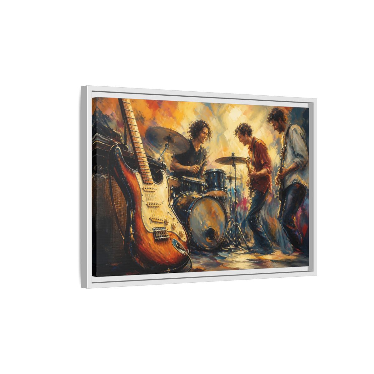 Side Mockup 1. Vintage Musicians Colorful Music Band shown as framed canvas print