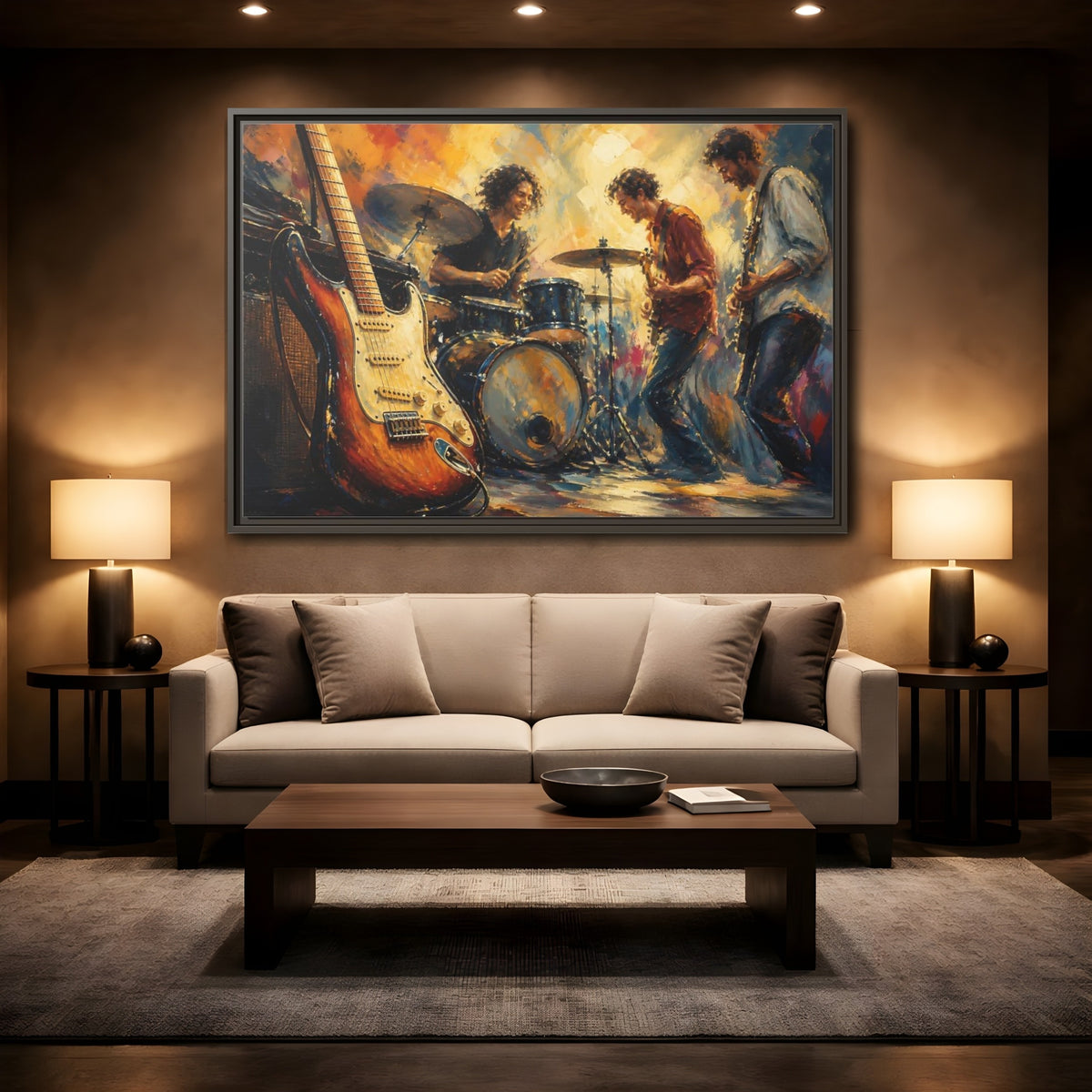 Mockup 2. Vintage Musicians Colorful Music Band shown as framed canvas print