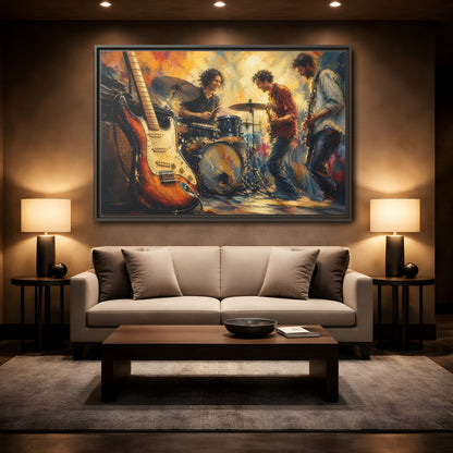 Mockup 2. Vintage Musicians Colorful Music Band shown as framed canvas print