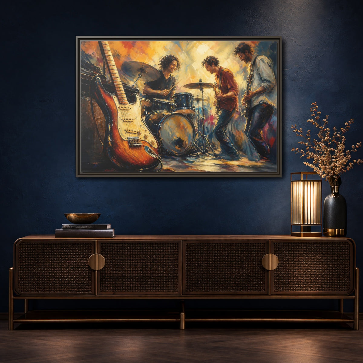 Mockup 4. Vintage Musicians Colorful Music Band shown as framed canvas print