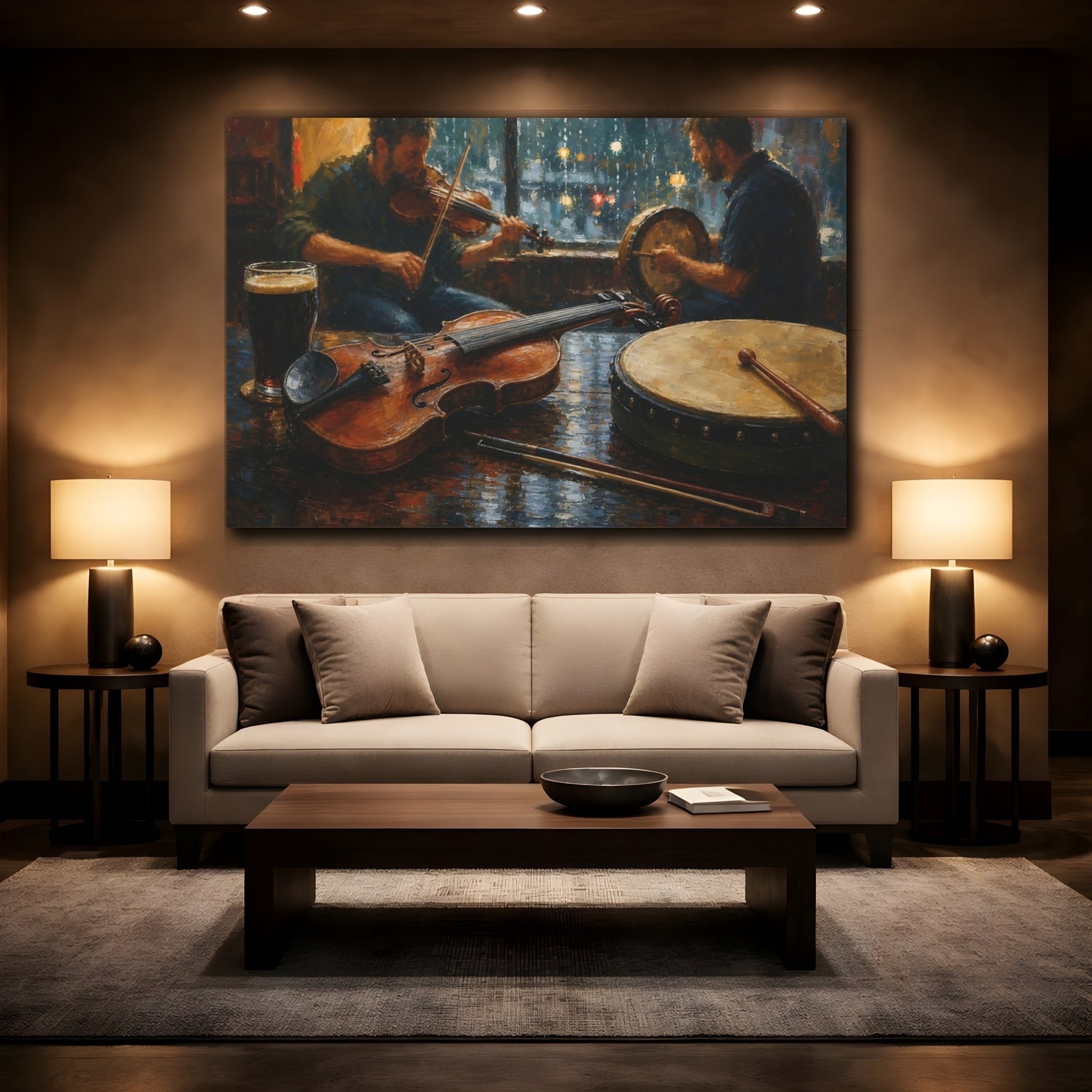 Mockup 2. Vintage Musicians Pub Music Scene shown as canvas print