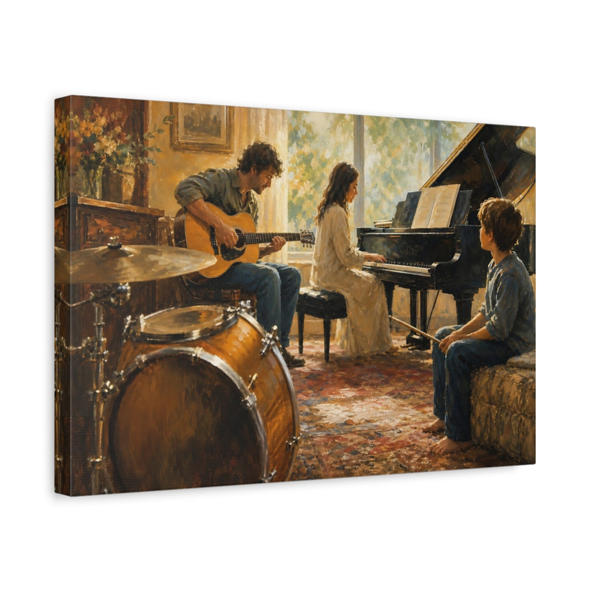 Side Mockup 4. Vintage Musicians Warm Tones shown as canvas print