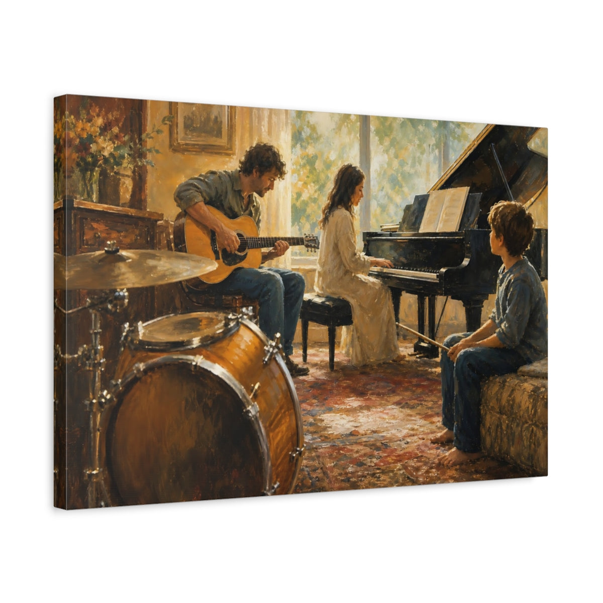 Side Mockup 3. Vintage Musicians Warm Tones shown as canvas print