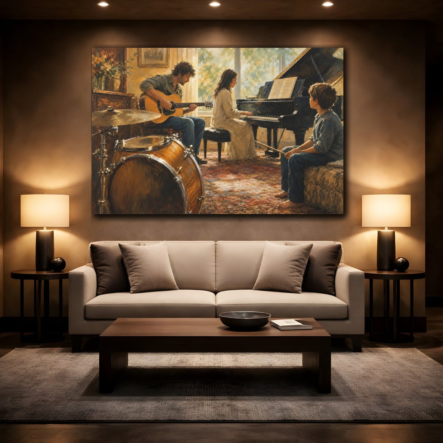 Mockup 2. Vintage Musicians Warm Tones shown as canvas print