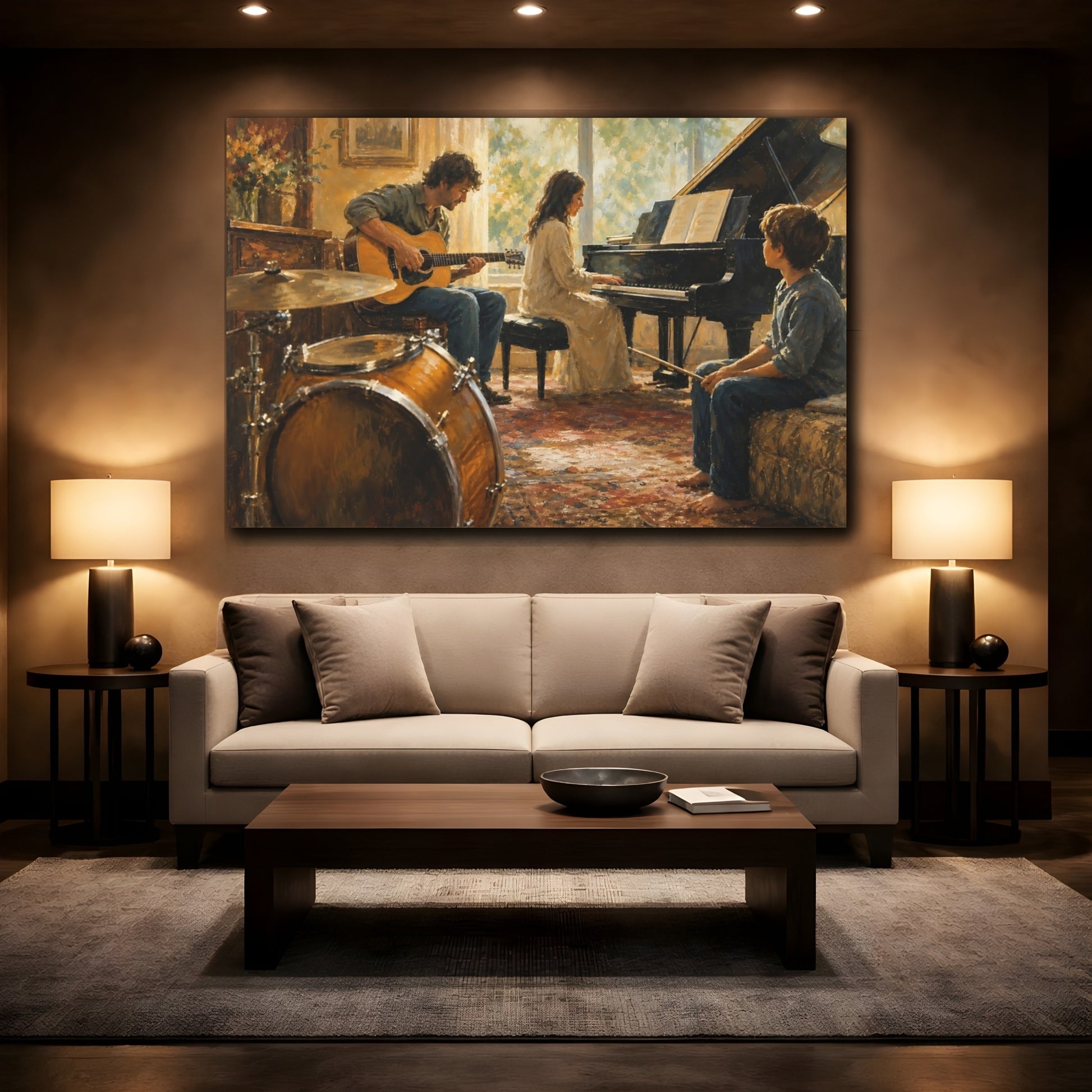 Mockup 2. Vintage Musicians Warm Tones shown as canvas print