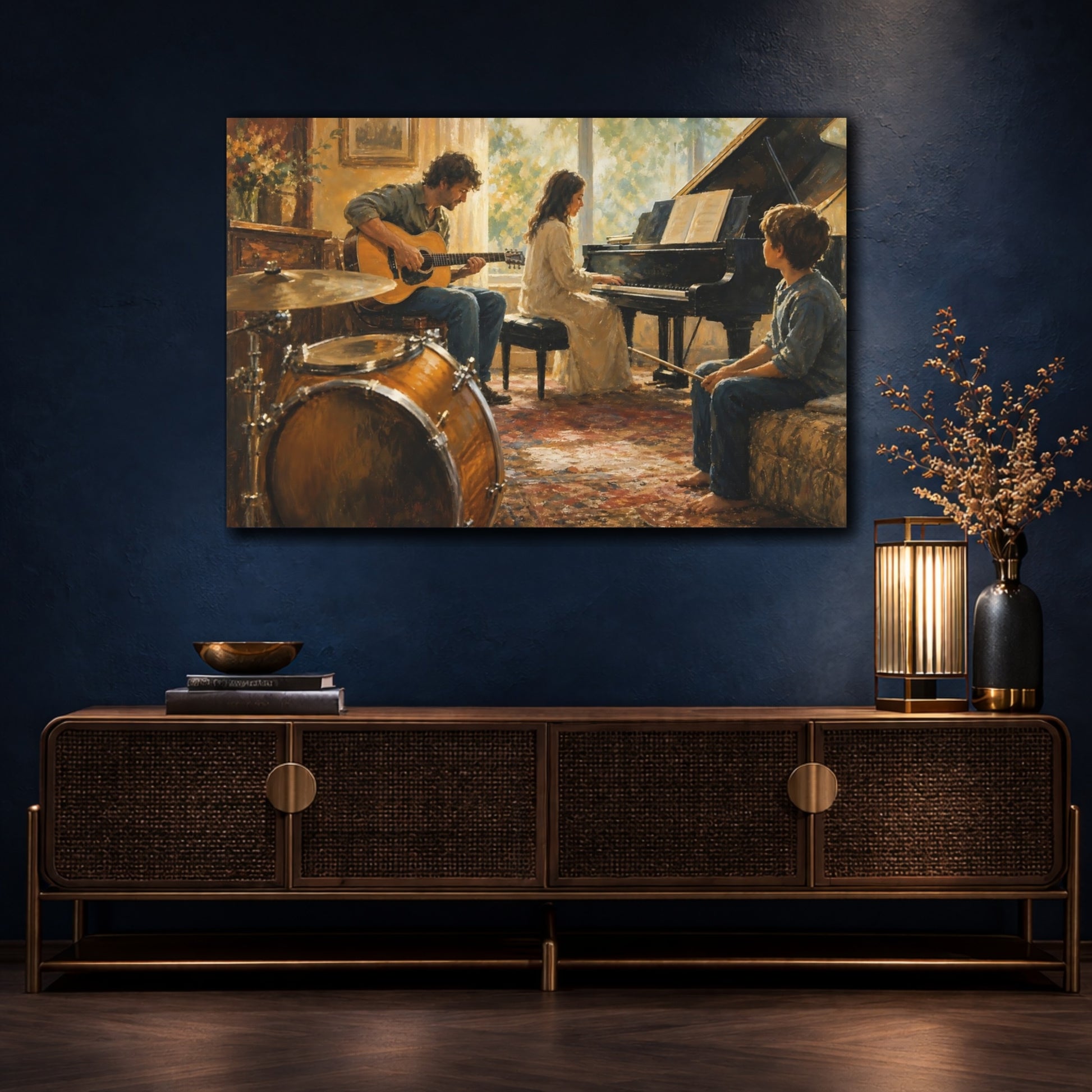 Mockup 4. Vintage Musicians Warm Tones shown as canvas print