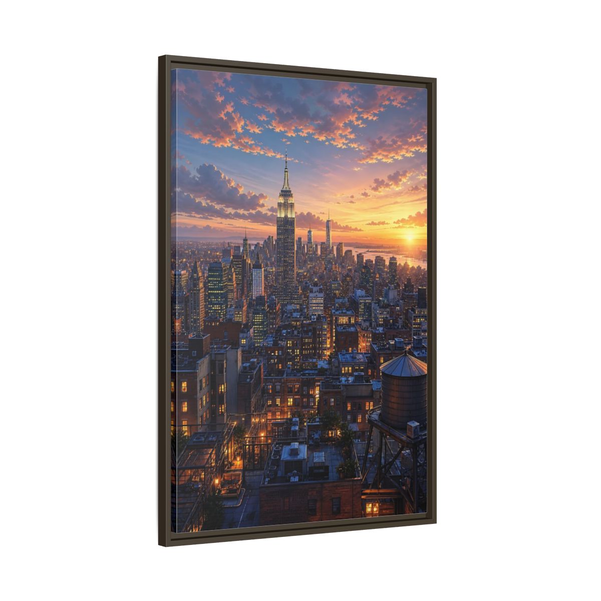 Main Mockup. Vintage New York City New York Sunset shown as stretched canvas wall art