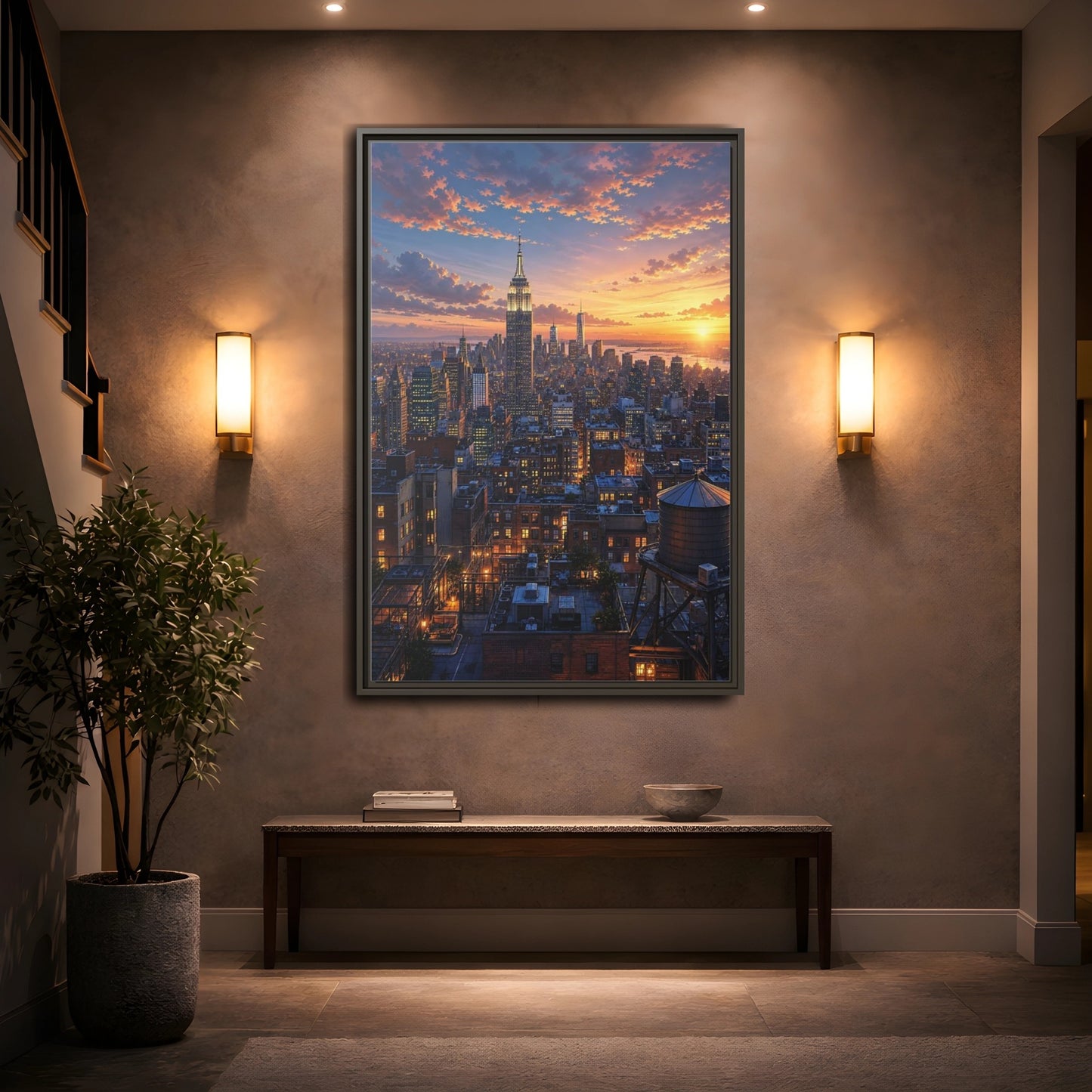 Vintage New York City Sunset Framed Canvas Wall Art - Living Room shown as canvas wall art