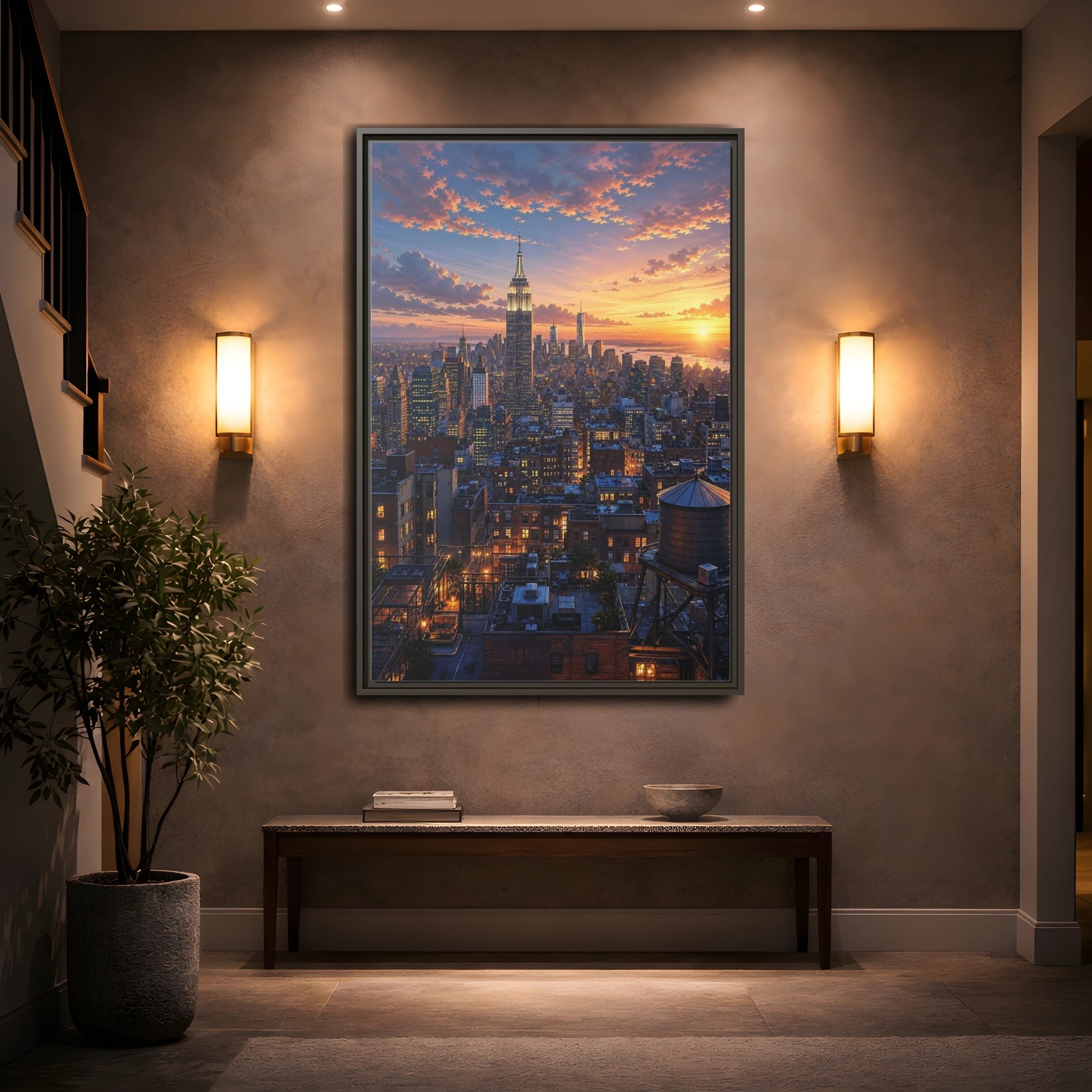 Mockup 2. Vintage New York City New York Sunset shown as stretched canvas wall art