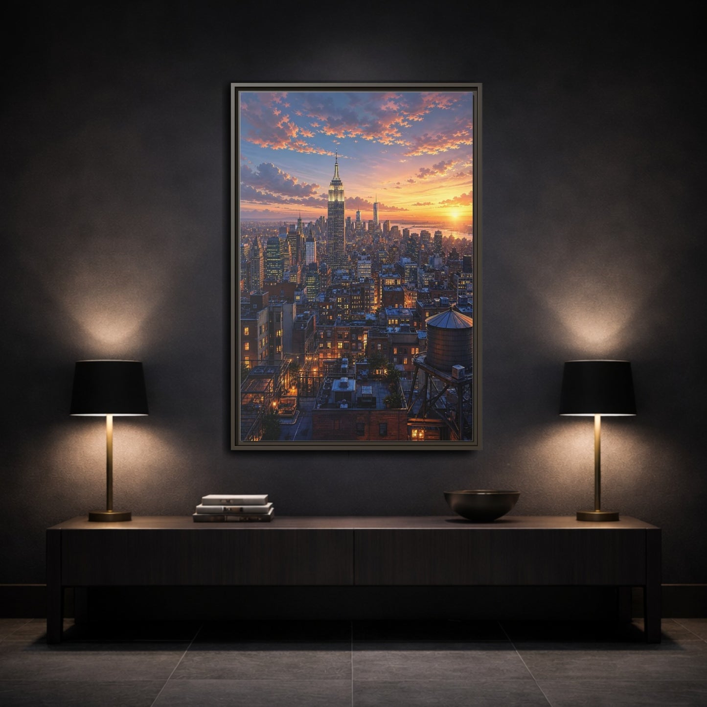 Vintage New York City Sunset Framed Canvas Wall Art - Living Room shown as canvas wall art
