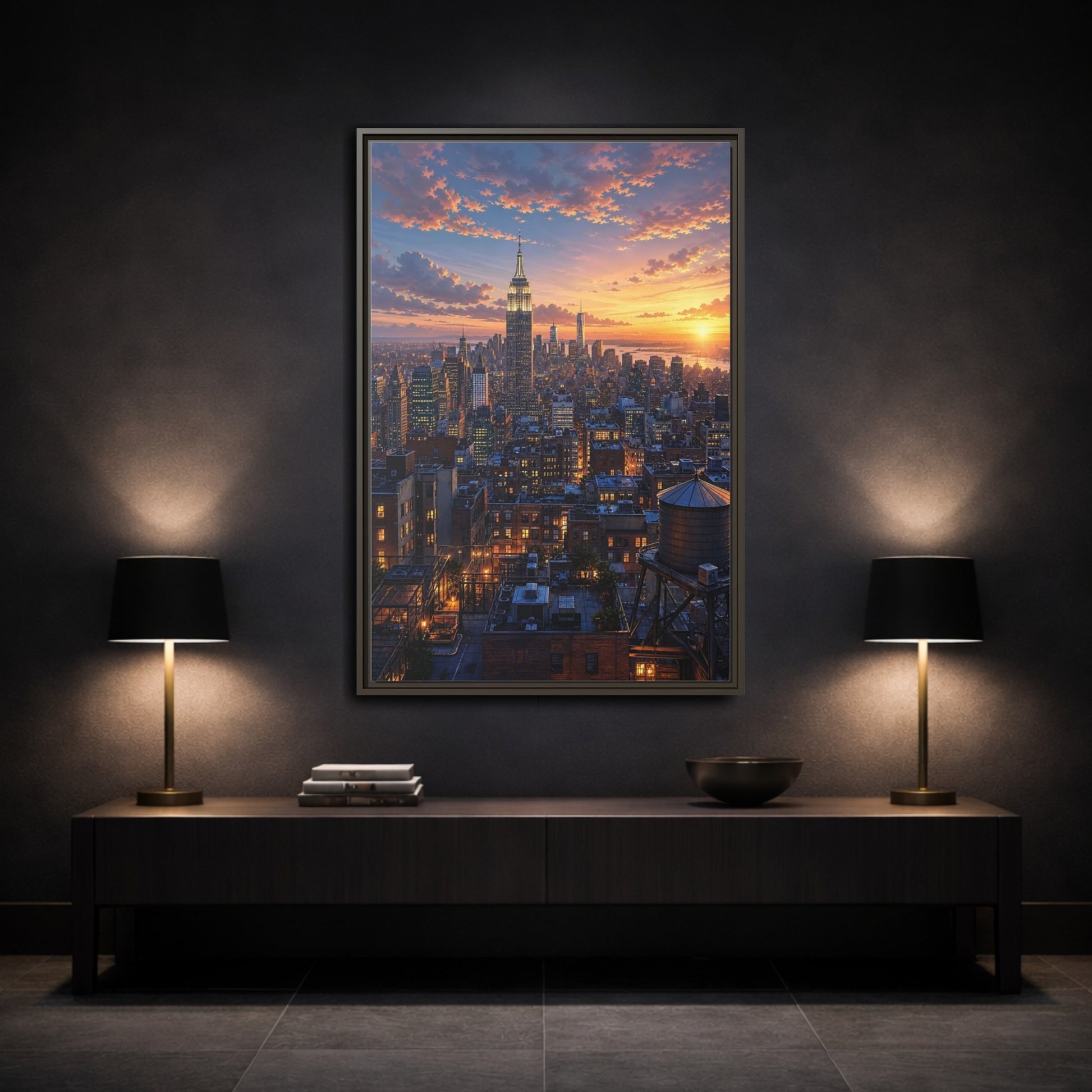 Vintage New York City Sunset Framed Canvas Wall Art - Living Room shown as canvas wall art