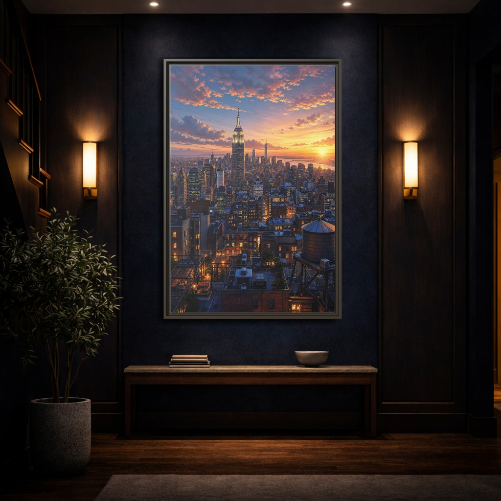 Mockup 4. Vintage New York City New York Sunset shown as stretched canvas wall art