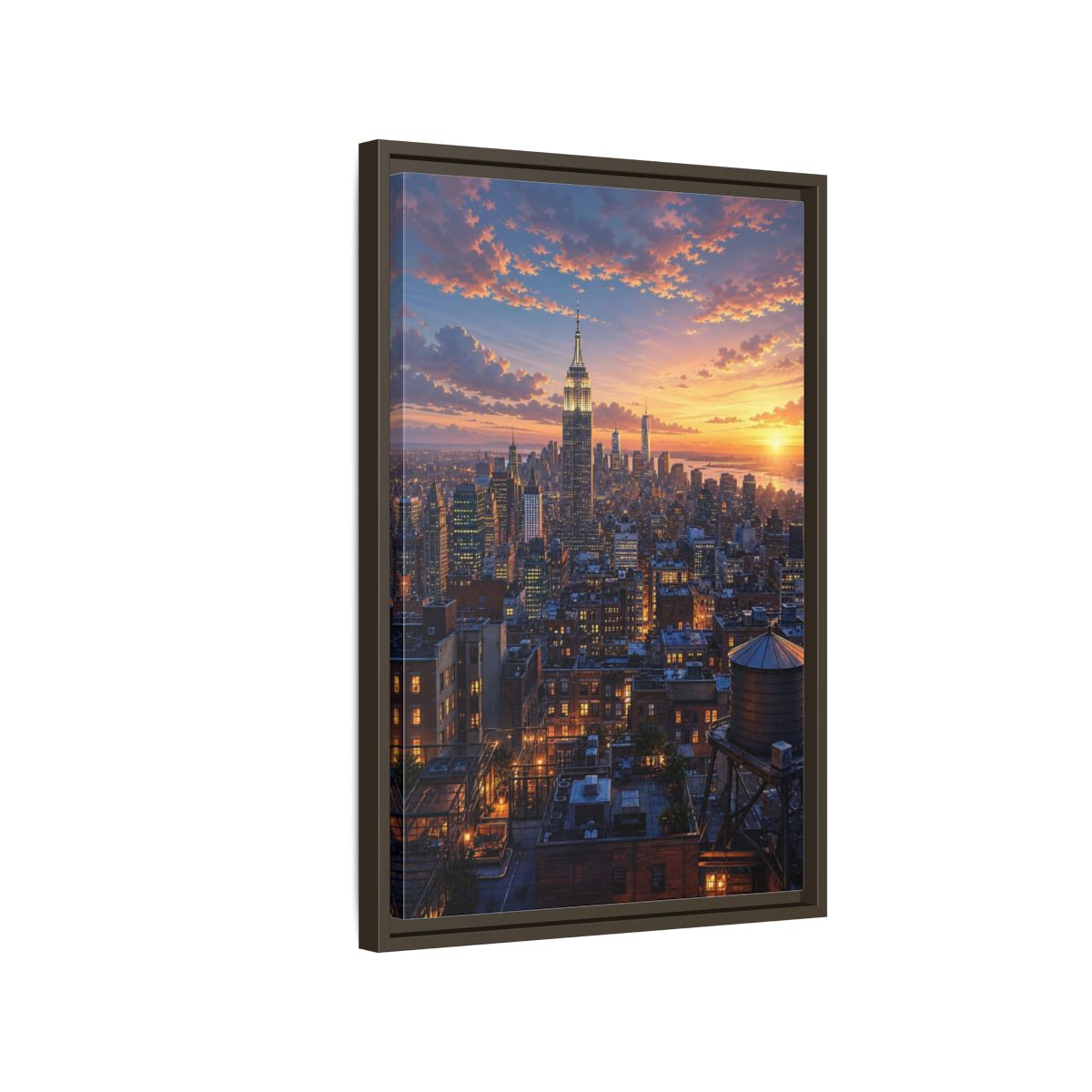 Side Mockup 2. Vintage New York City New York Sunset shown as stretched canvas wall art