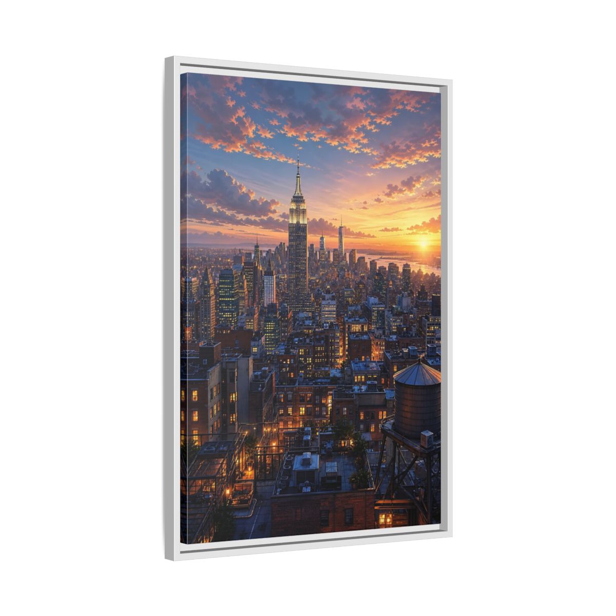 Side Mockup 10. Vintage New York City New York Sunset shown as stretched canvas wall art