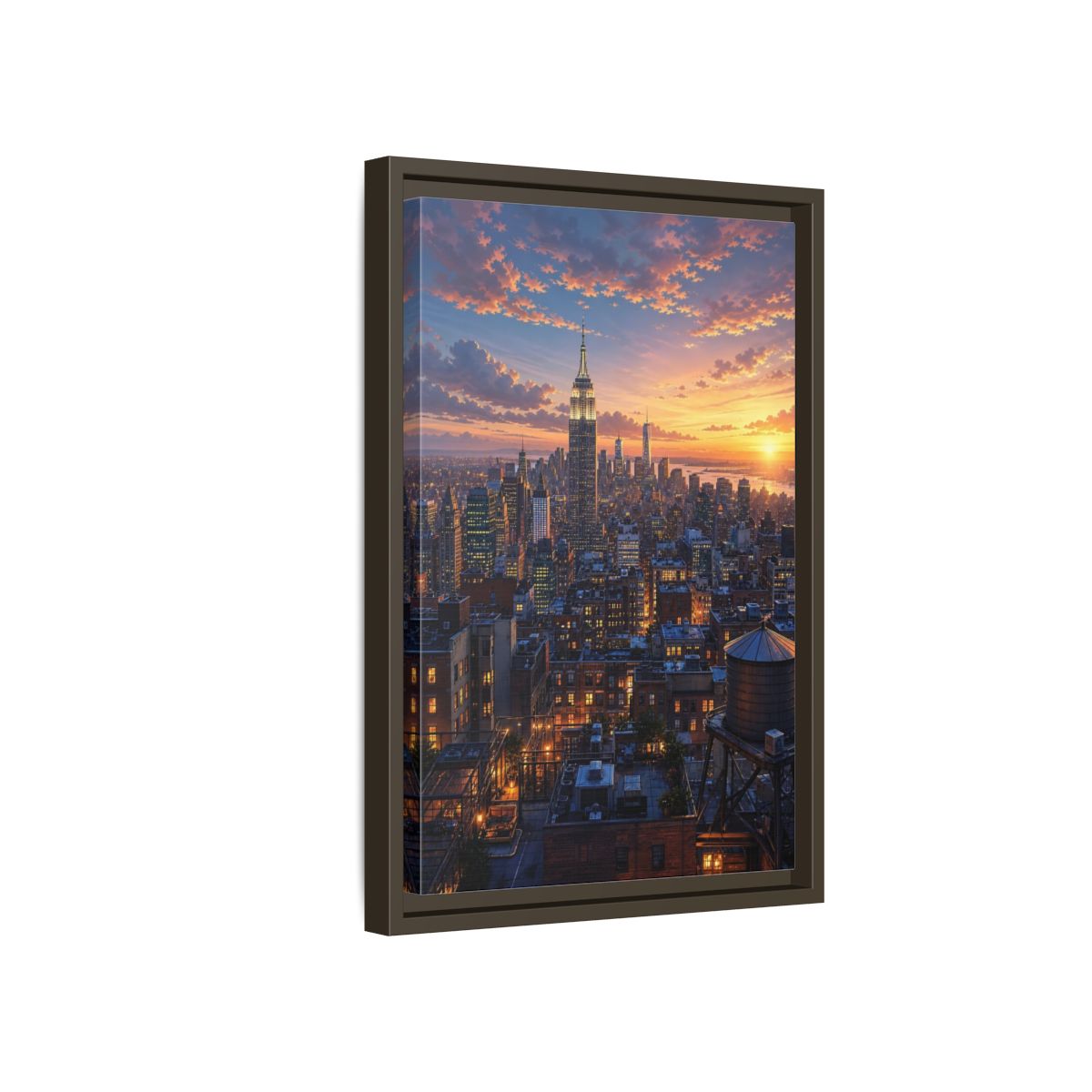 Side Mockup 5. Vintage New York City New York Sunset shown as stretched canvas wall art