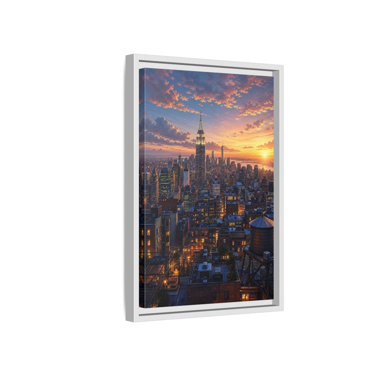 Side Mockup 4. Vintage New York City New York Sunset shown as stretched canvas wall art
