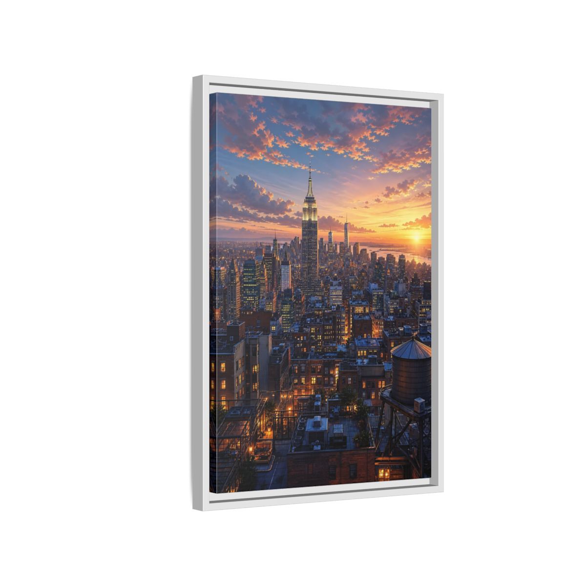 Side Mockup 1. Vintage New York City New York Sunset shown as stretched canvas wall art