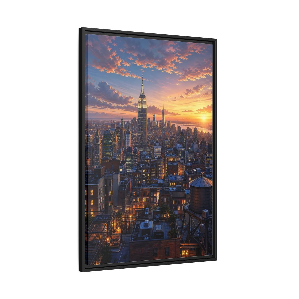 Side Mockup 13. Vintage New York City New York Sunset shown as stretched canvas wall art
