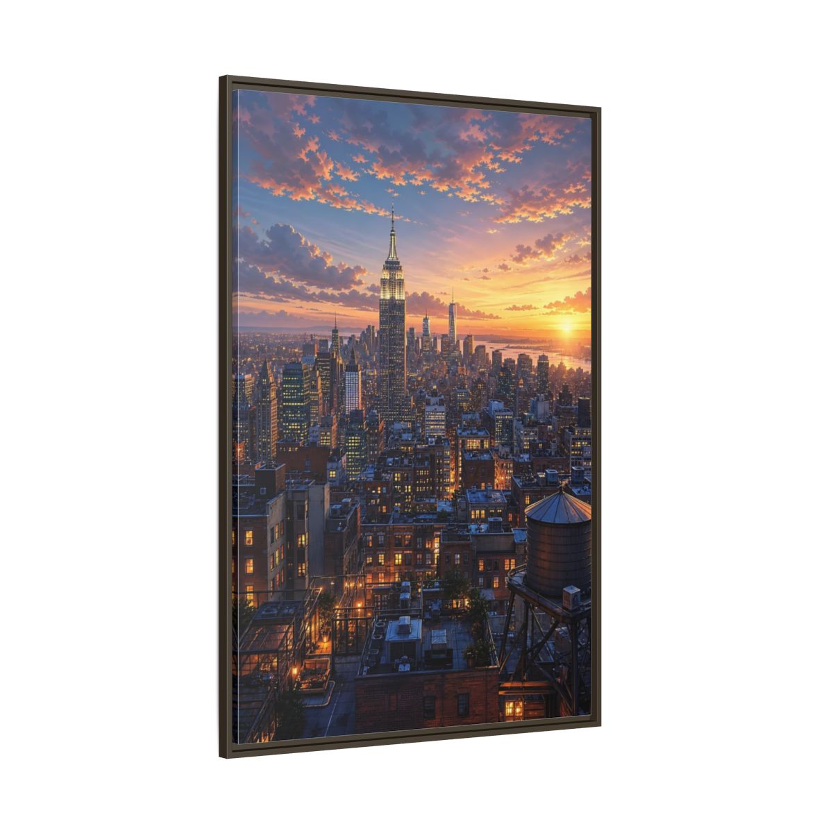 Side Mockup 8. Vintage New York City New York Sunset shown as stretched canvas wall art