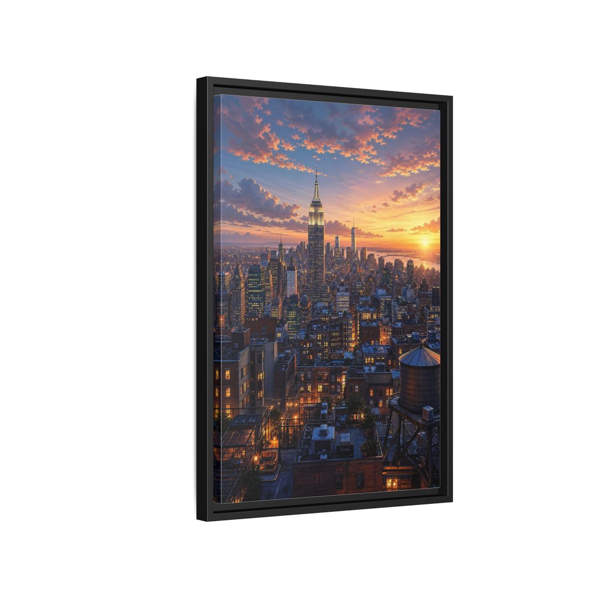Side Mockup 3. Vintage New York City New York Sunset shown as stretched canvas wall art