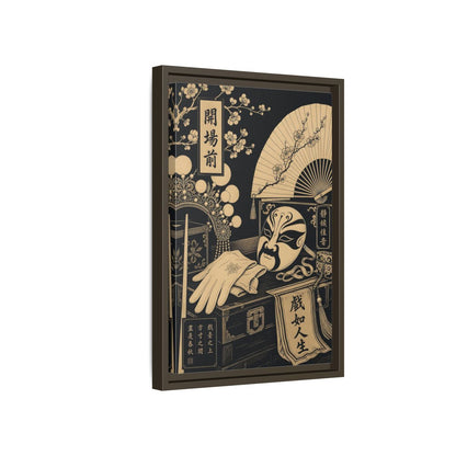 Side Mockup 5. Vintage Opera Mask Black And Gold shown as framed canvas print