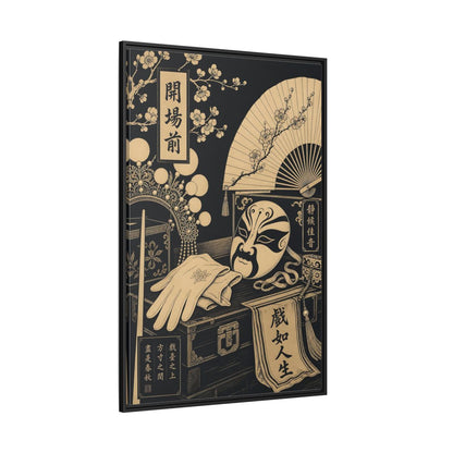 Side Mockup 12. Vintage Opera Mask Black And Gold shown as framed canvas print