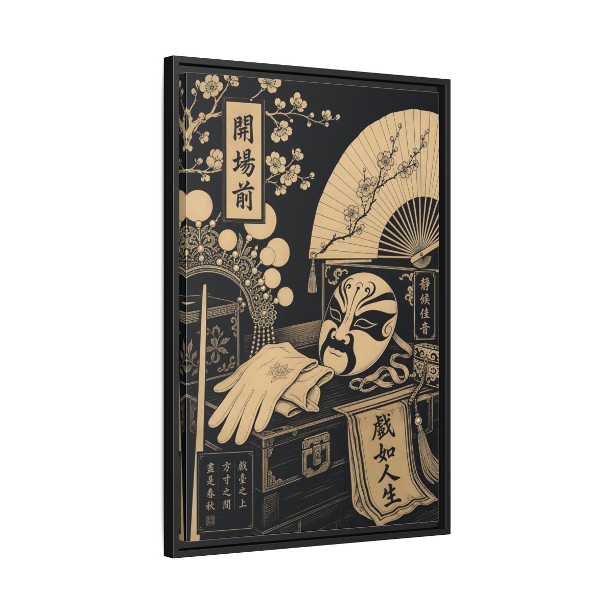 Side Mockup 14. Vintage Opera Mask Black And Gold shown as framed canvas print