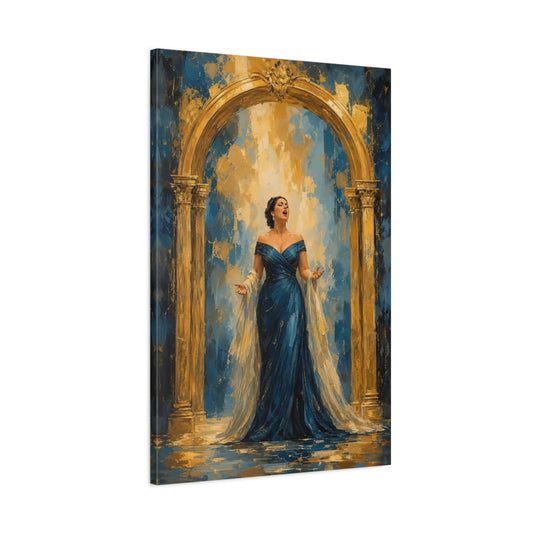 Main Mockup. Vintage Opera Singer Blue And Gold shown as canvas print