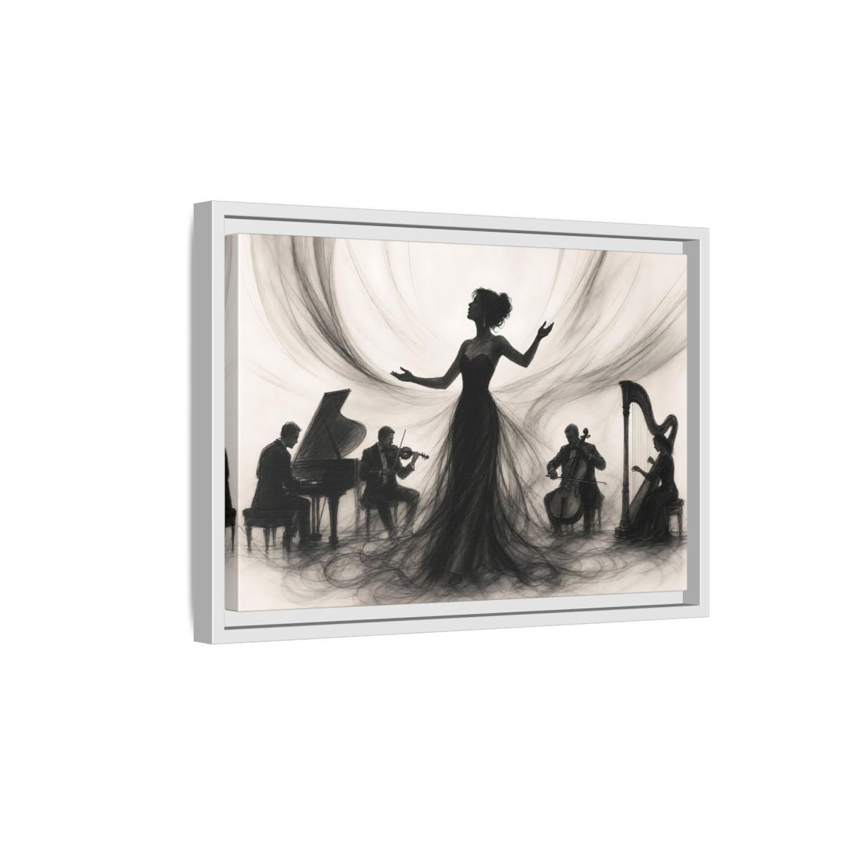 Side Mockup 4. Vintage Opera Singer Monochrome Performance shown as framed canvas print