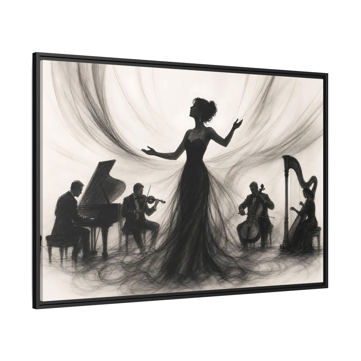 Side Mockup 12. Vintage Opera Singer Monochrome Performance shown as framed canvas print
