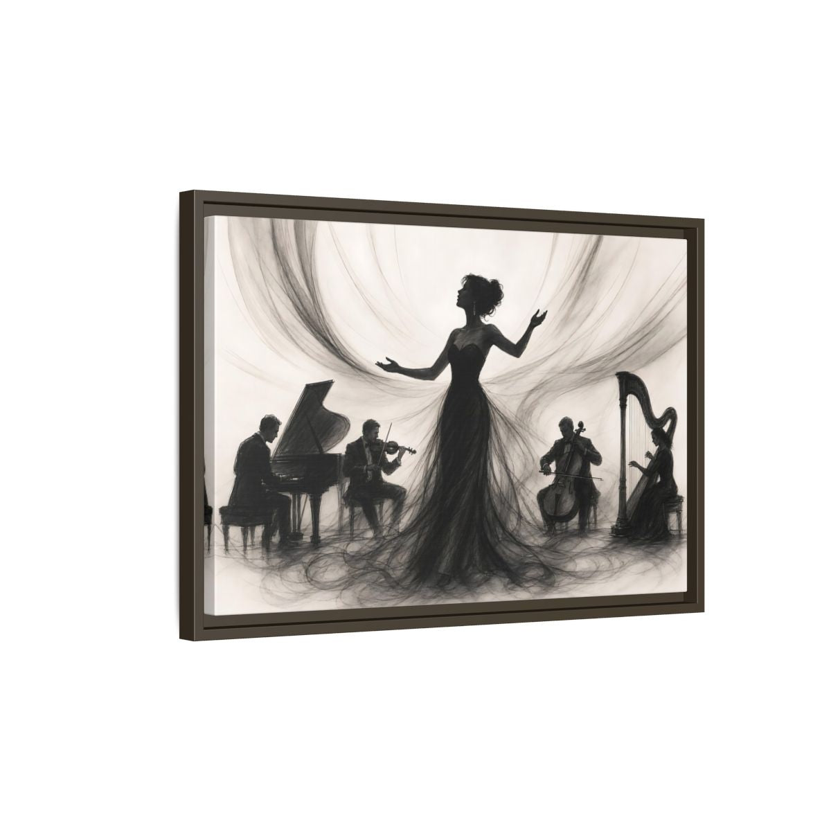 Side Mockup 2. Vintage Opera Singer Monochrome Performance shown as framed canvas print