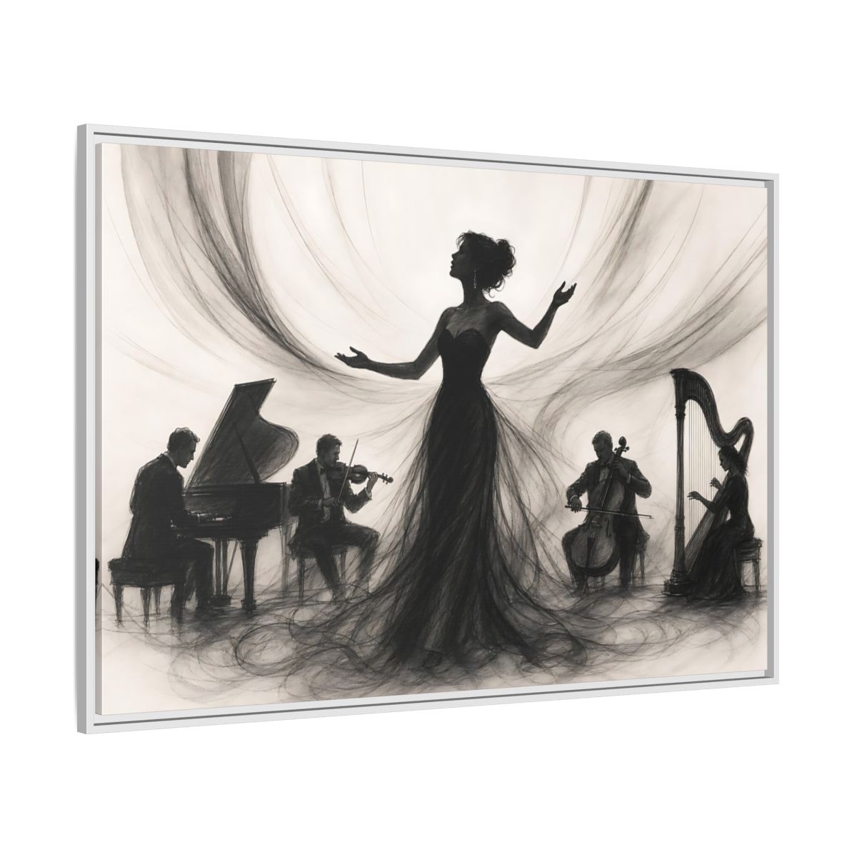 Side Mockup 7. Vintage Opera Singer Monochrome Performance shown as framed canvas print