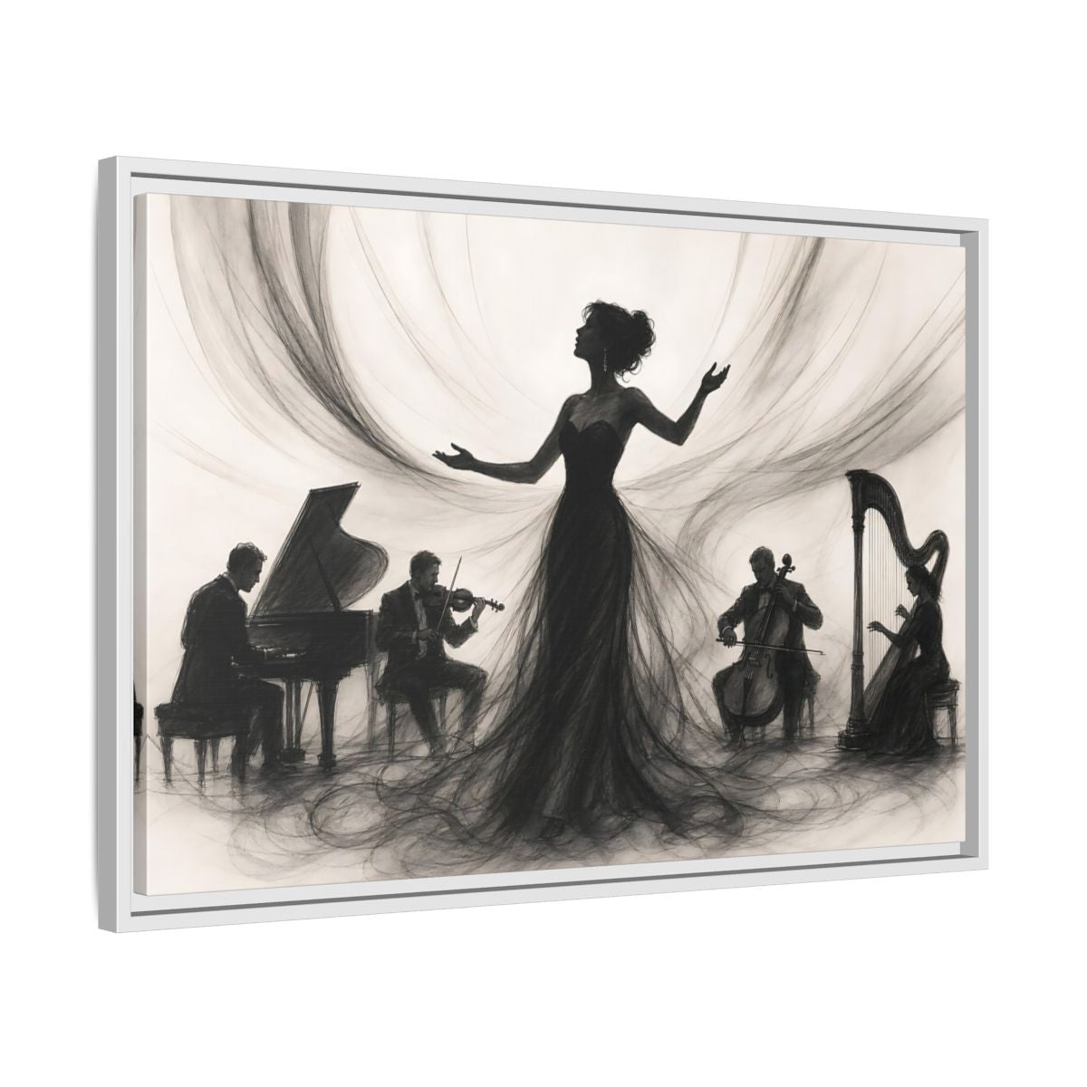 Side Mockup 10. Vintage Opera Singer Monochrome Performance shown as framed canvas print