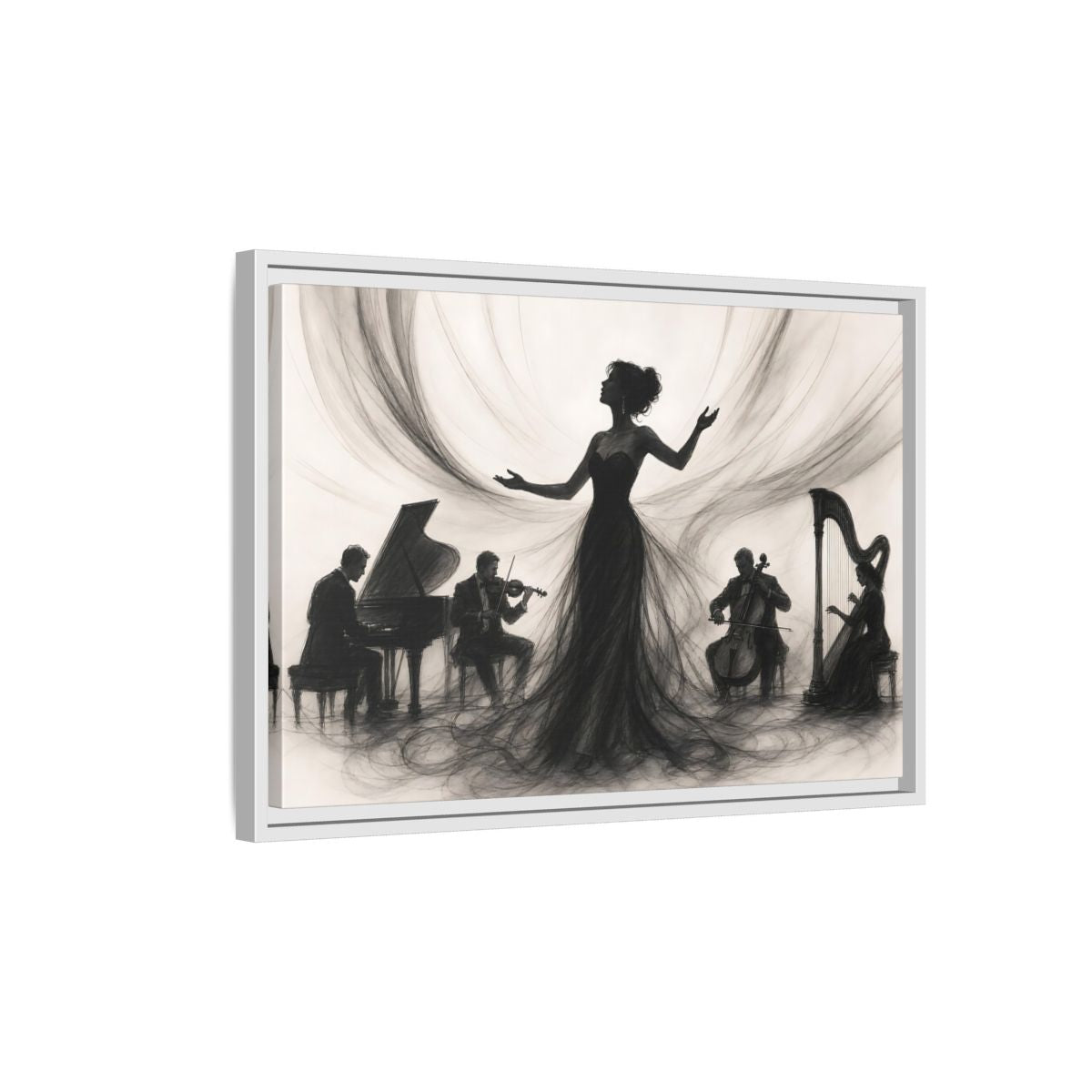 Side Mockup 1. Vintage Opera Singer Monochrome Performance shown as framed canvas print