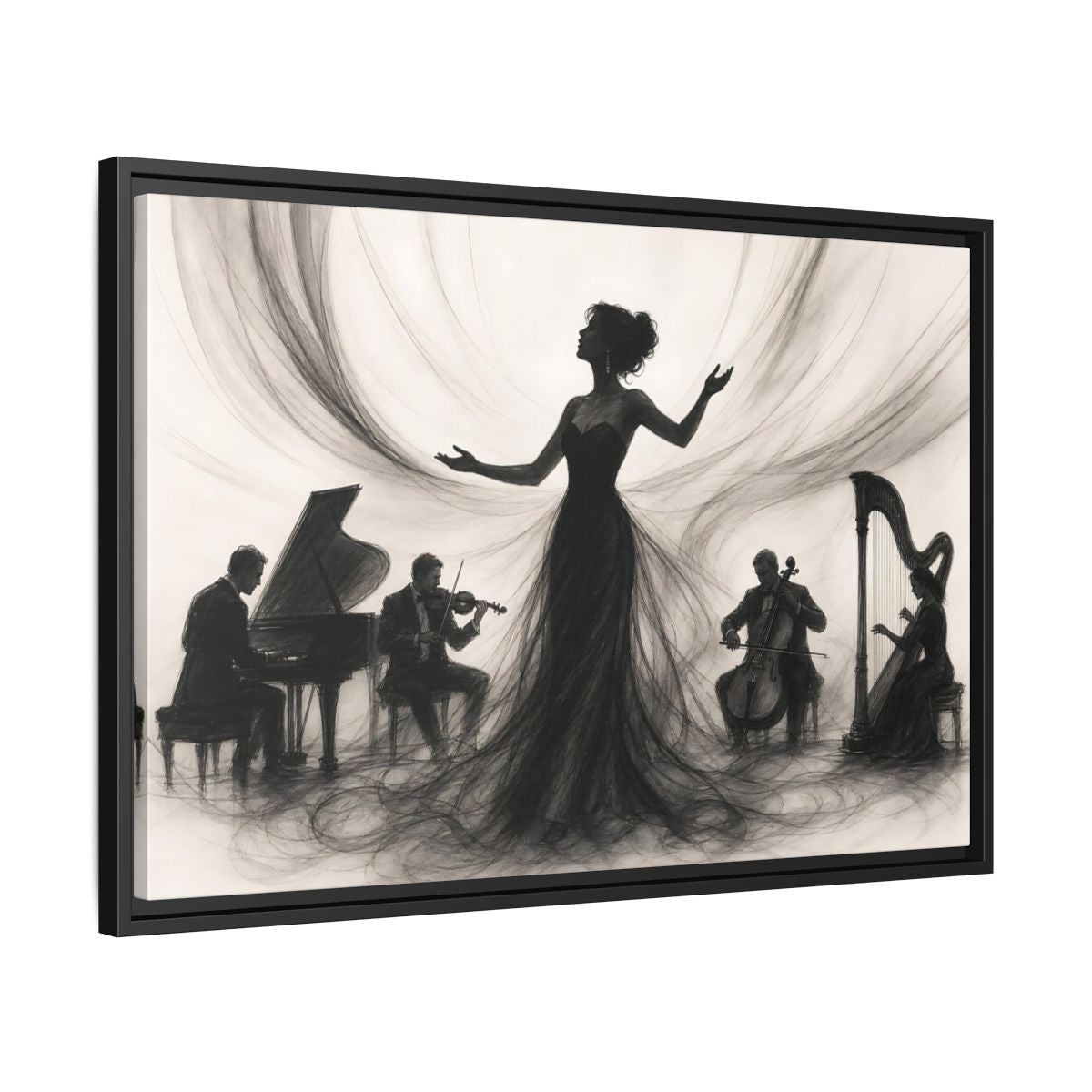 Side Mockup 14. Vintage Opera Singer Monochrome Performance shown as framed canvas print