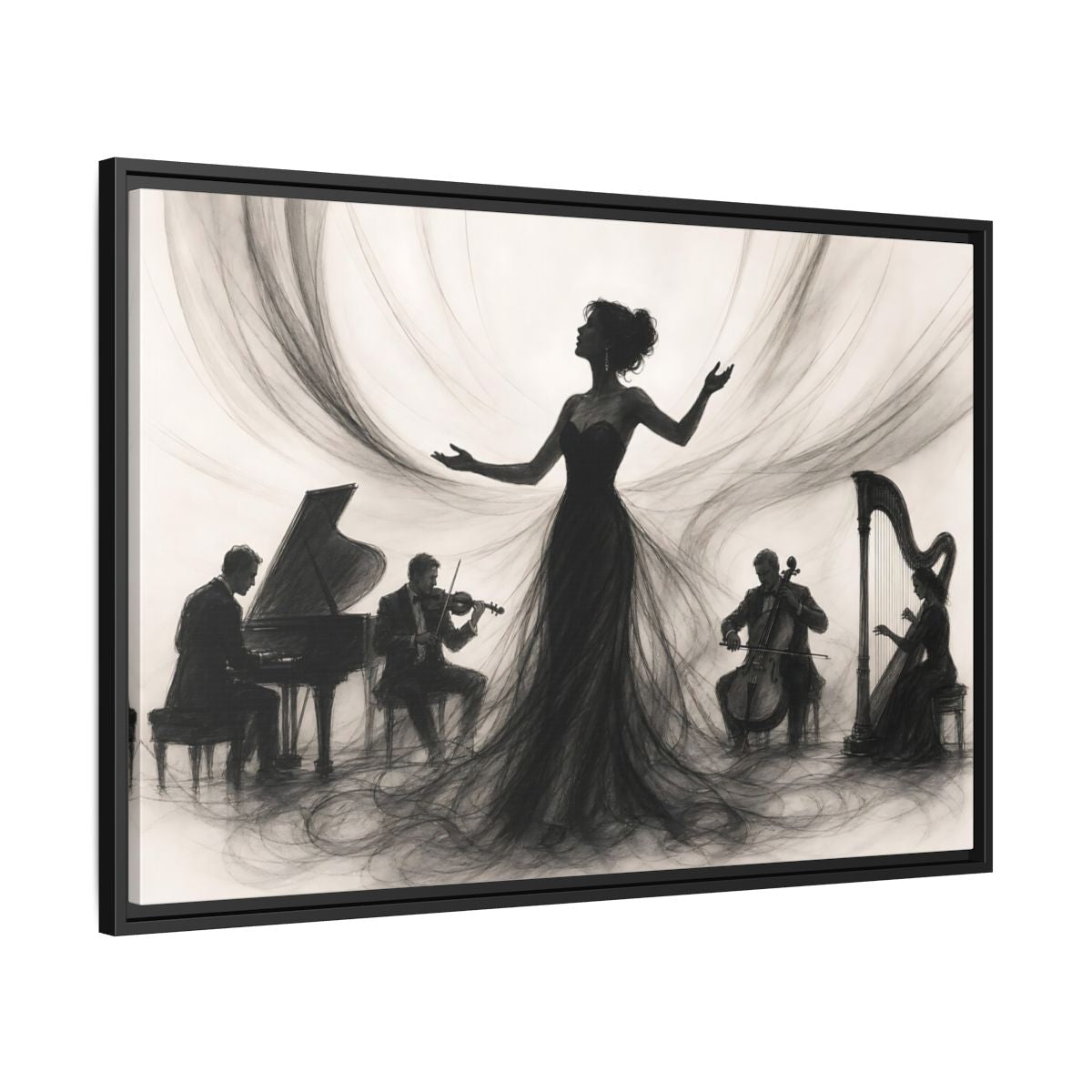 Side Mockup 13. Vintage Opera Singer Monochrome Performance shown as framed canvas print