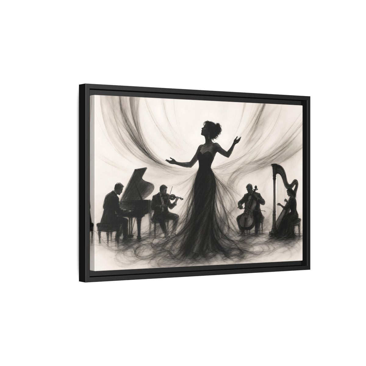 Side Mockup 3. Vintage Opera Singer Monochrome Performance shown as framed canvas print