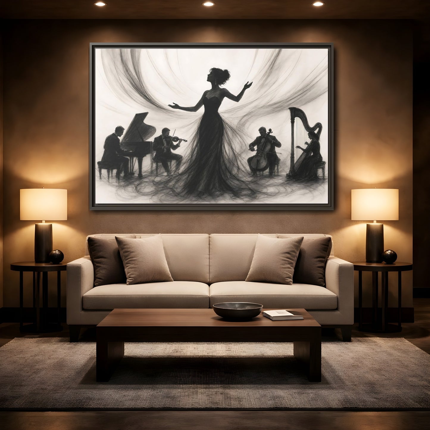 Mockup 2. Vintage Opera Singer Monochrome Performance shown as framed canvas print