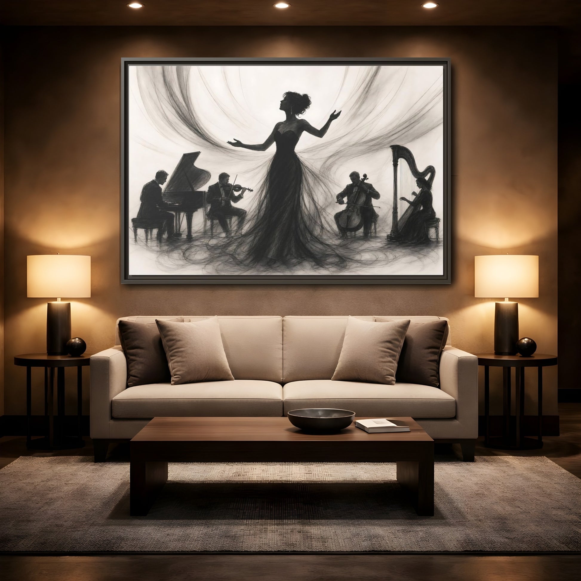 Mockup 2. Vintage Opera Singer Monochrome Performance shown as framed canvas print
