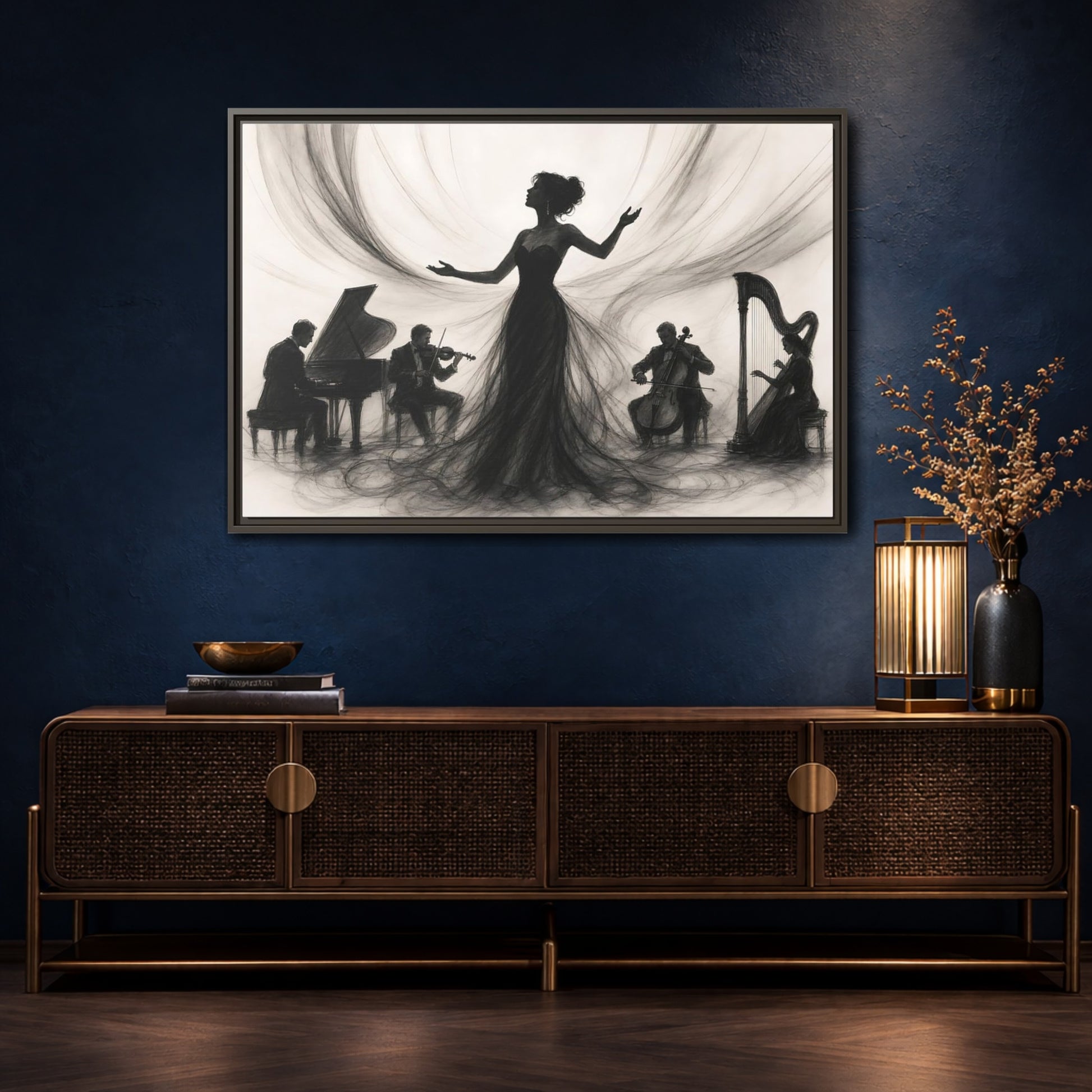Mockup 4. Vintage Opera Singer Monochrome Performance shown as framed canvas print