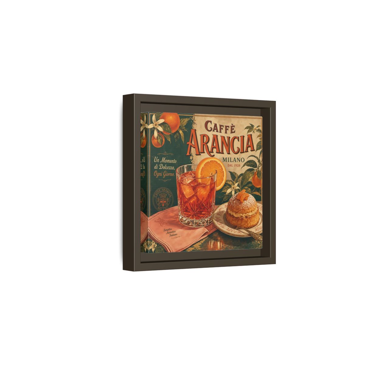 Side Mockup 2. Vintage Oranges Vintage Orange Cafe shown as stretched canvas wall art
