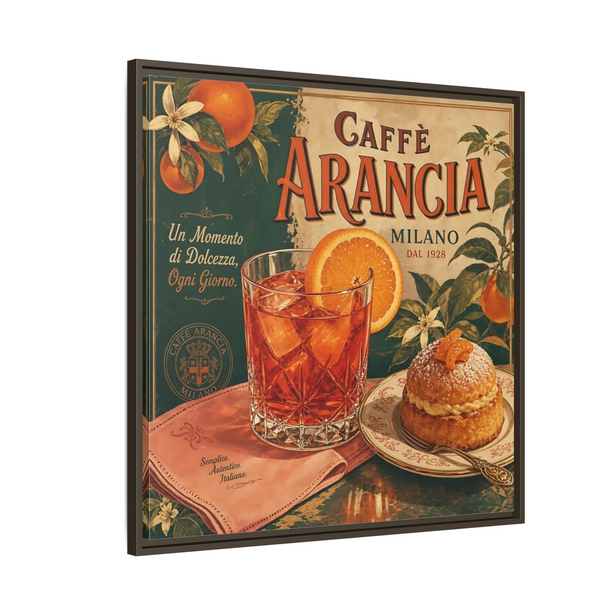 Side Mockup 8. Vintage Oranges Vintage Orange Cafe shown as stretched canvas wall art