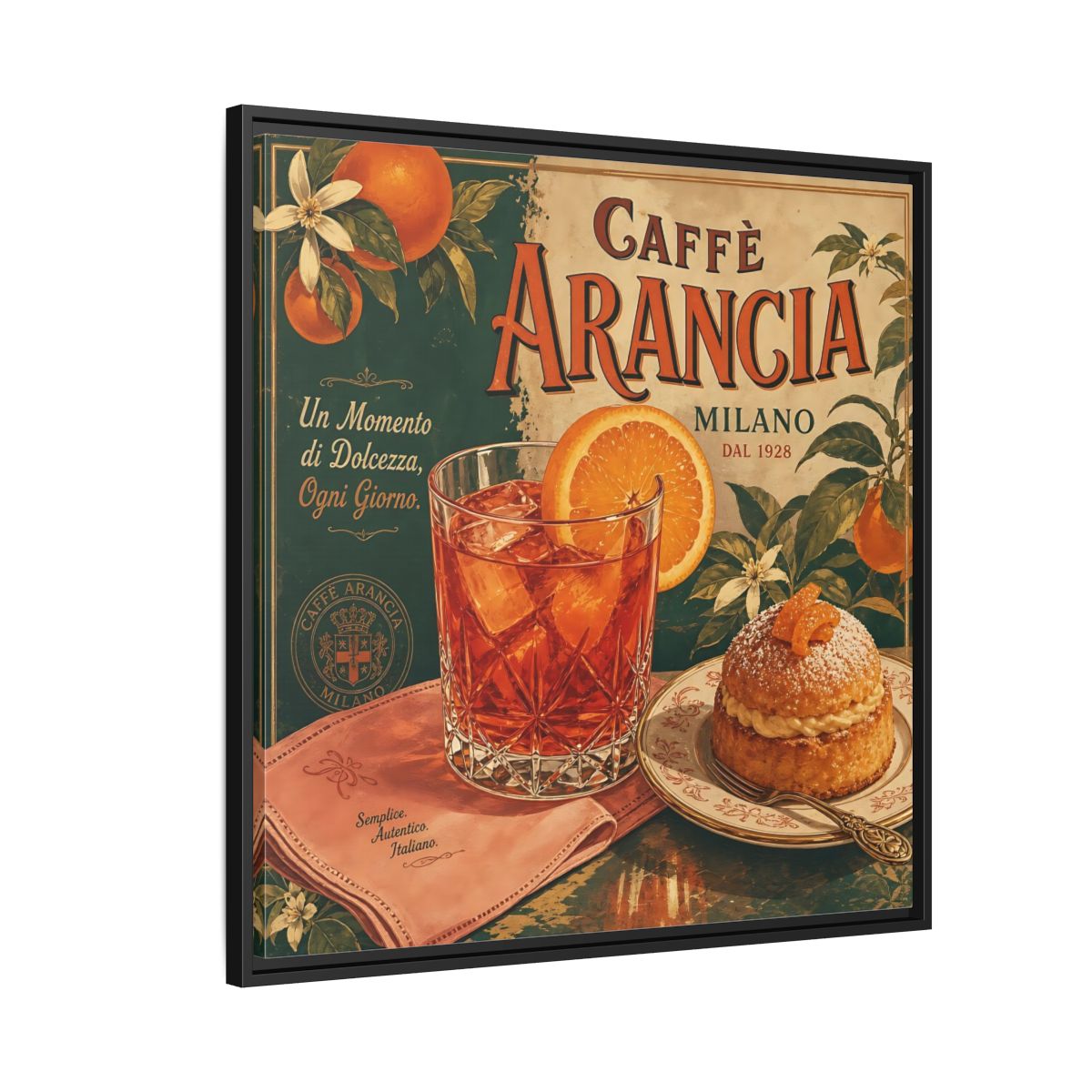 Side Mockup 9. Vintage Oranges Vintage Orange Cafe shown as stretched canvas wall art