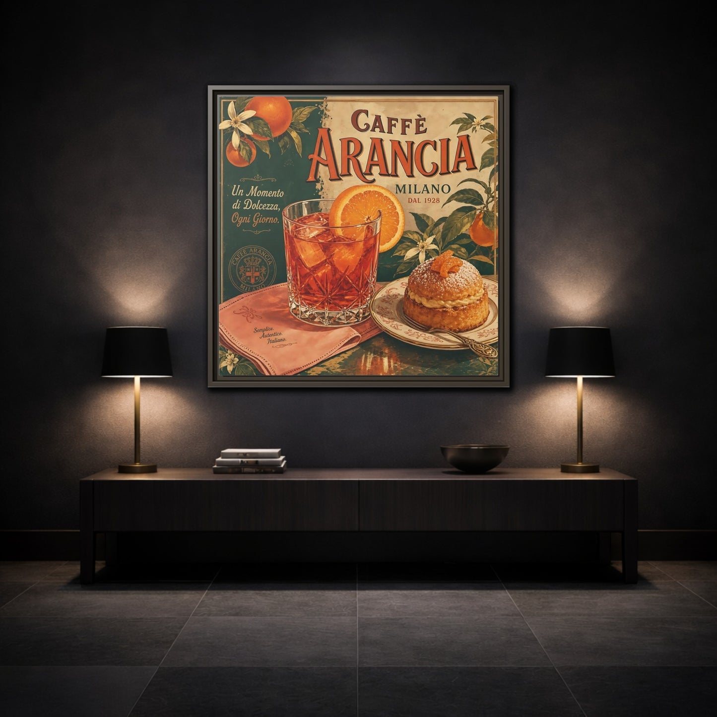Mockup 3. Vintage Oranges Vintage Orange Cafe shown as stretched canvas wall art