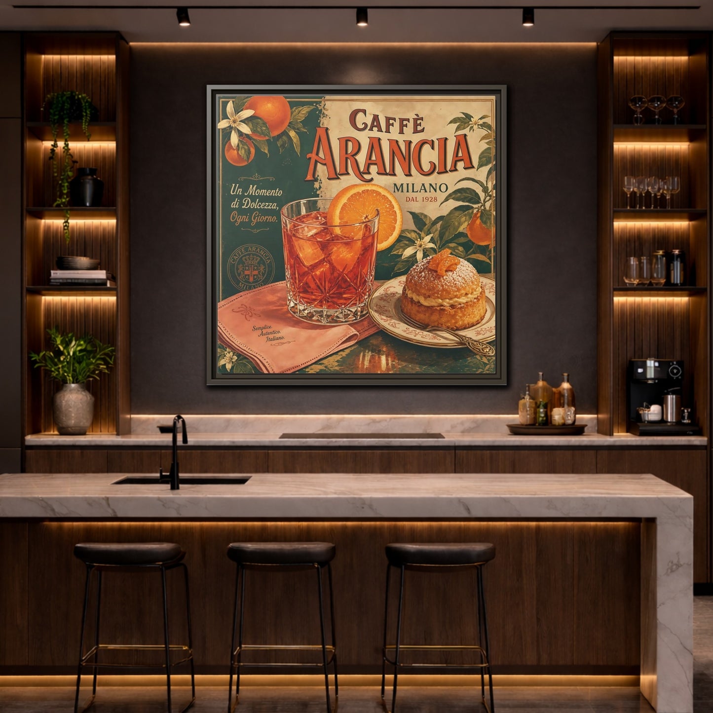 Mockup 4. Vintage Oranges Vintage Orange Cafe shown as stretched canvas wall art