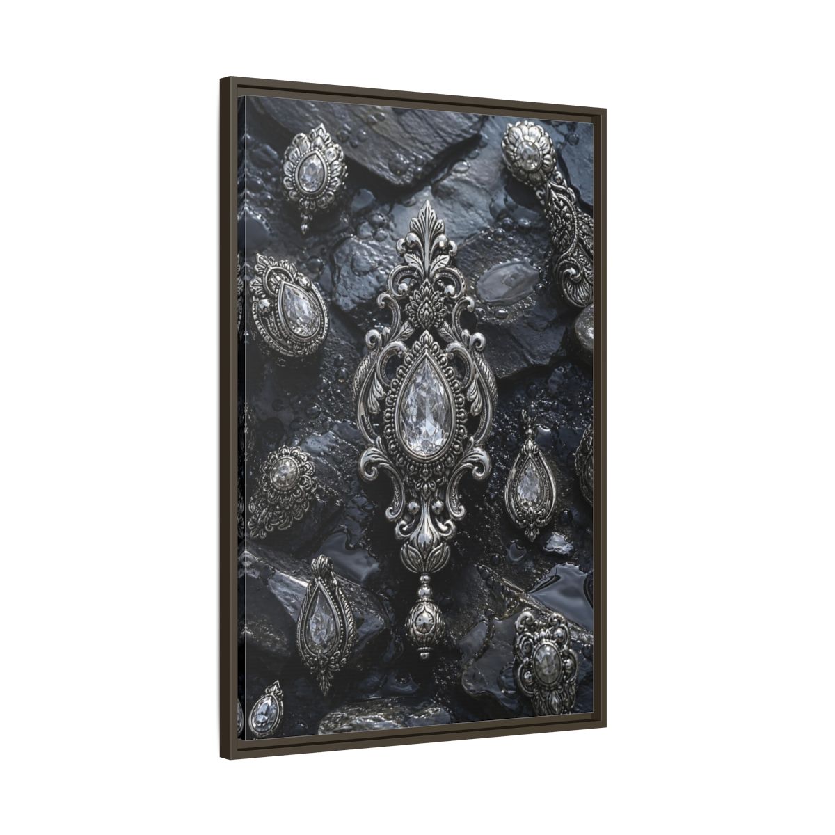 Main Mockup. Vintage Ornate Jewelry Silver And Dark shown as stretched canvas wall art