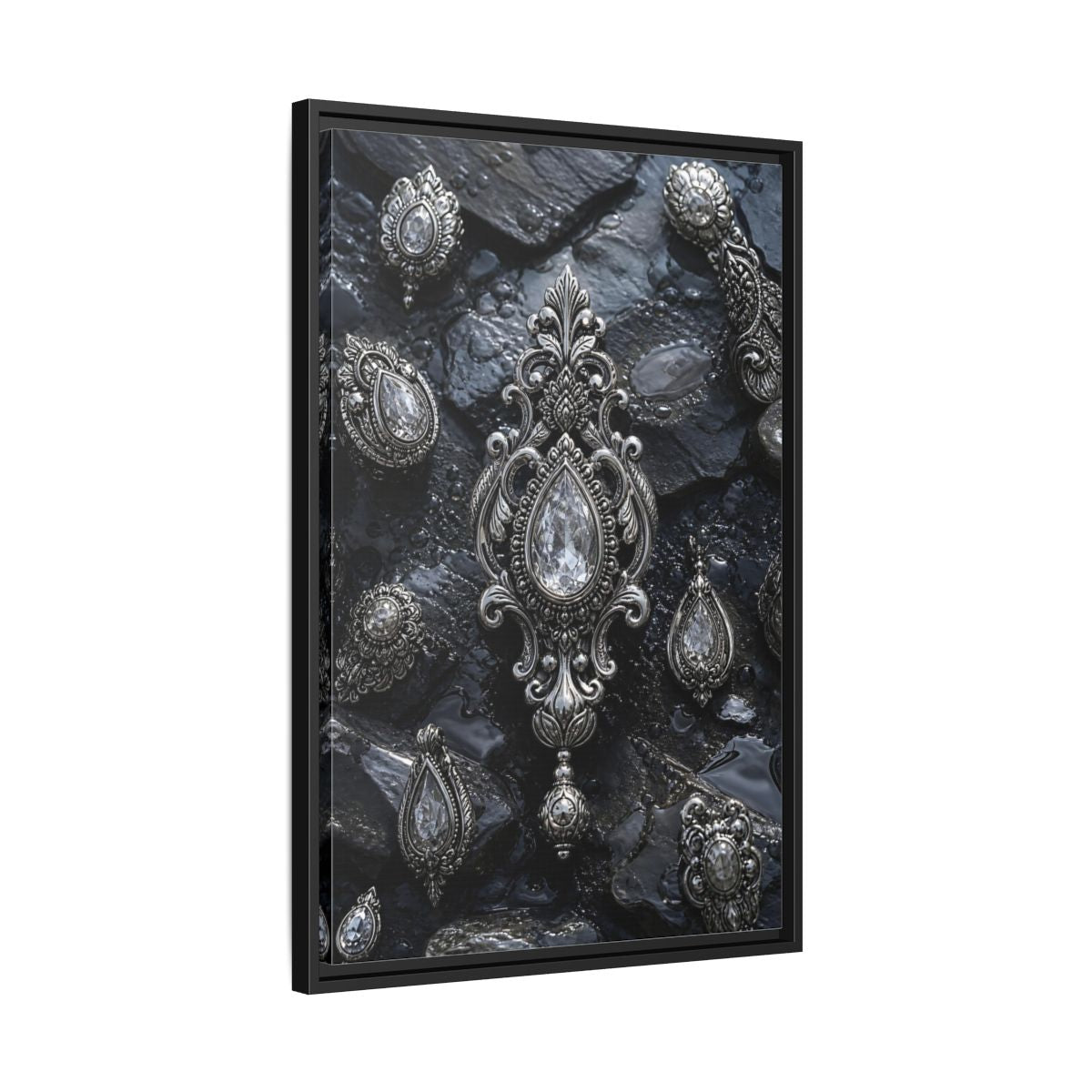 Side Mockup 14. Vintage Ornate Jewelry Silver And Dark shown as stretched canvas wall art